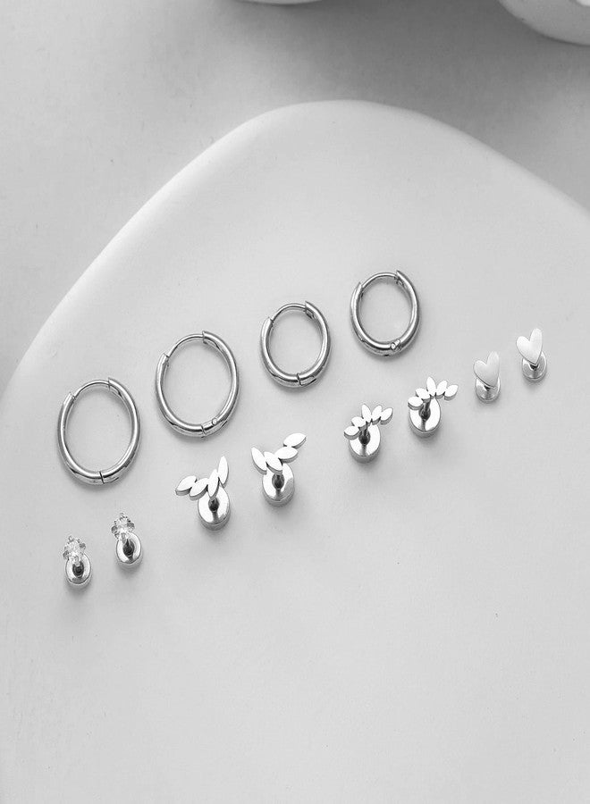 SERYNOW 14k Gold Plated Stud Earrings Set for Women, 20g Cartilage Earrings, Minimalist Small Huggie Hoop Earrings Set for Multiple Piercing (Silver 6 Pairs Set) - Image 3